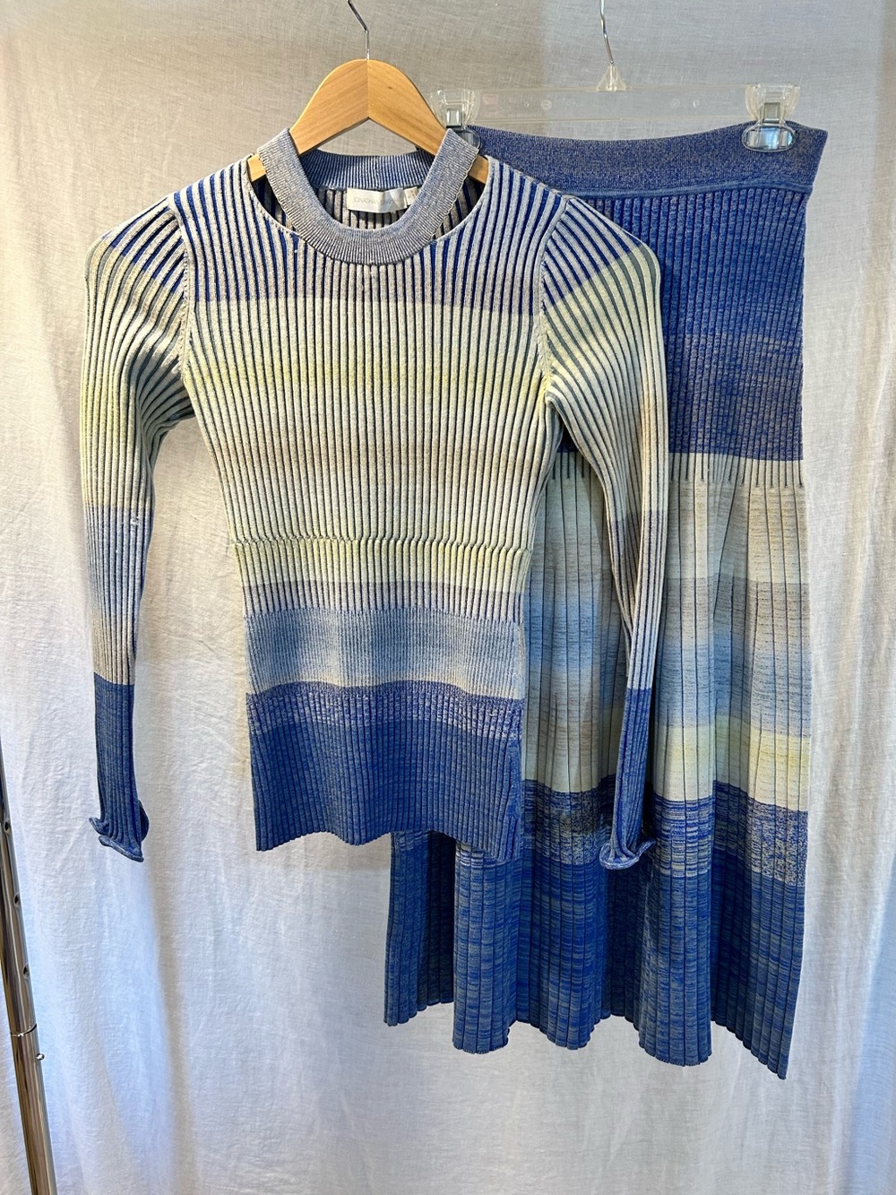 Jonathan Simkhai Blue and Cream Striped Ribbed Knit Top and matching skirt
